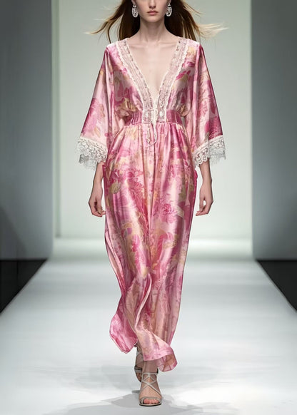 Pink Print Patchwork Lace Robe Dresses Summer