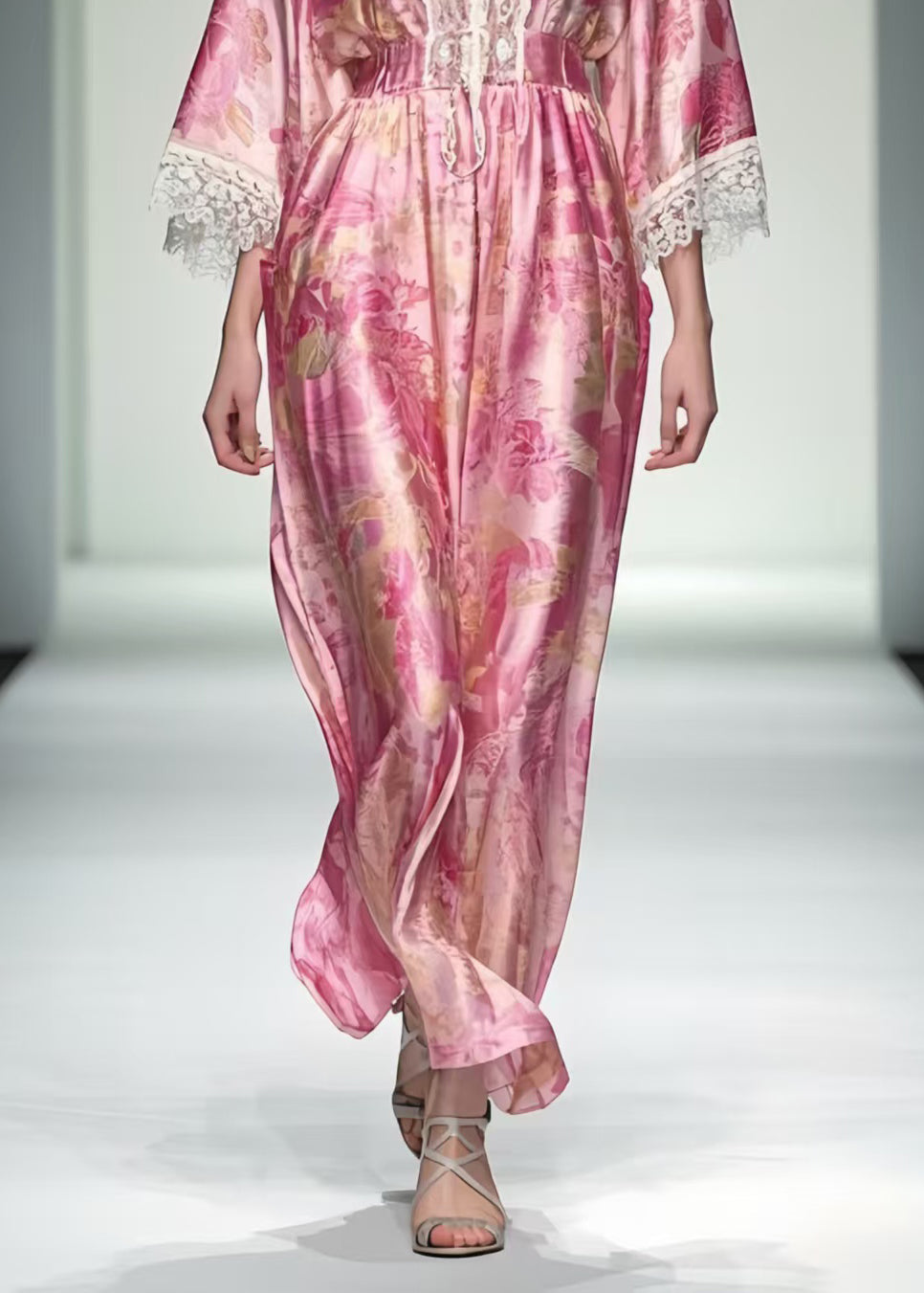 Pink Print Patchwork Lace Robe Dresses Summer