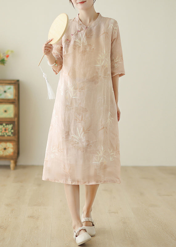 Pink Print Pockets Cotton Dress Half Sleeve