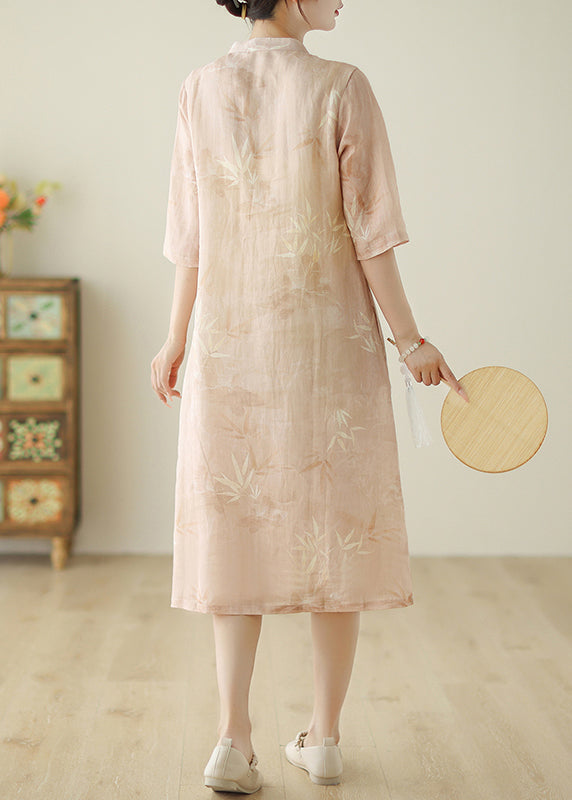 Pink Print Pockets Cotton Dress Half Sleeve