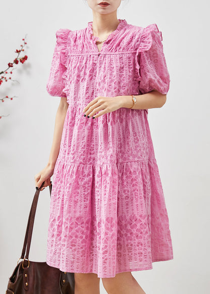 Pink Puff Sleeve Ruffled Wrinkled Day Dress Summer