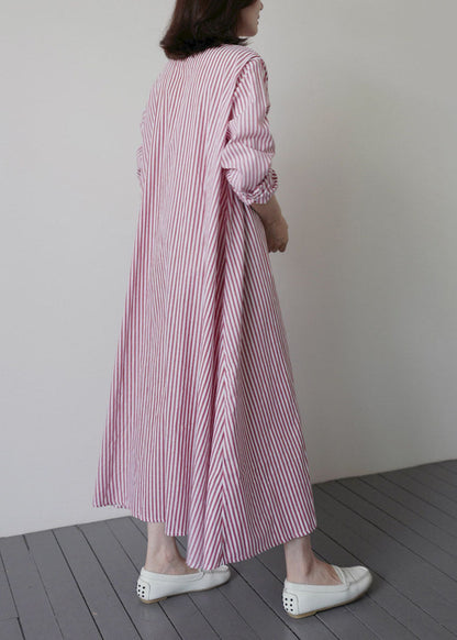 Pink Red Striped Ruffled Patchwork Cotton Shirt Dresses Spring