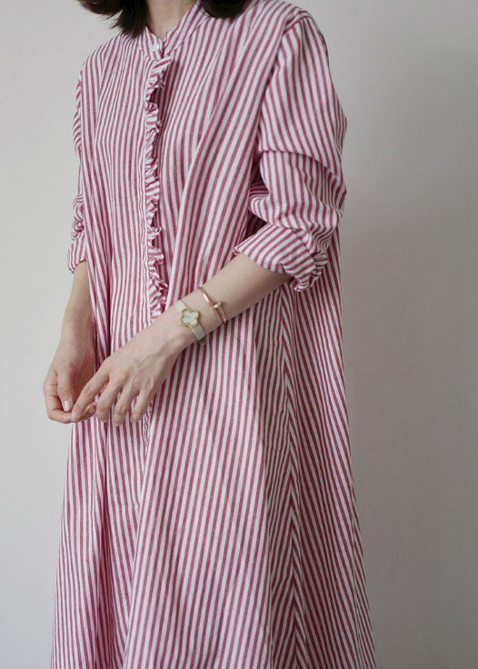 Pink Red Striped Ruffled Patchwork Cotton Shirt Dresses Spring
