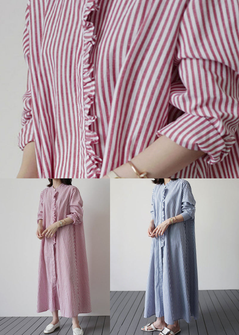 Pink Red Striped Ruffled Patchwork Cotton Shirt Dresses Spring