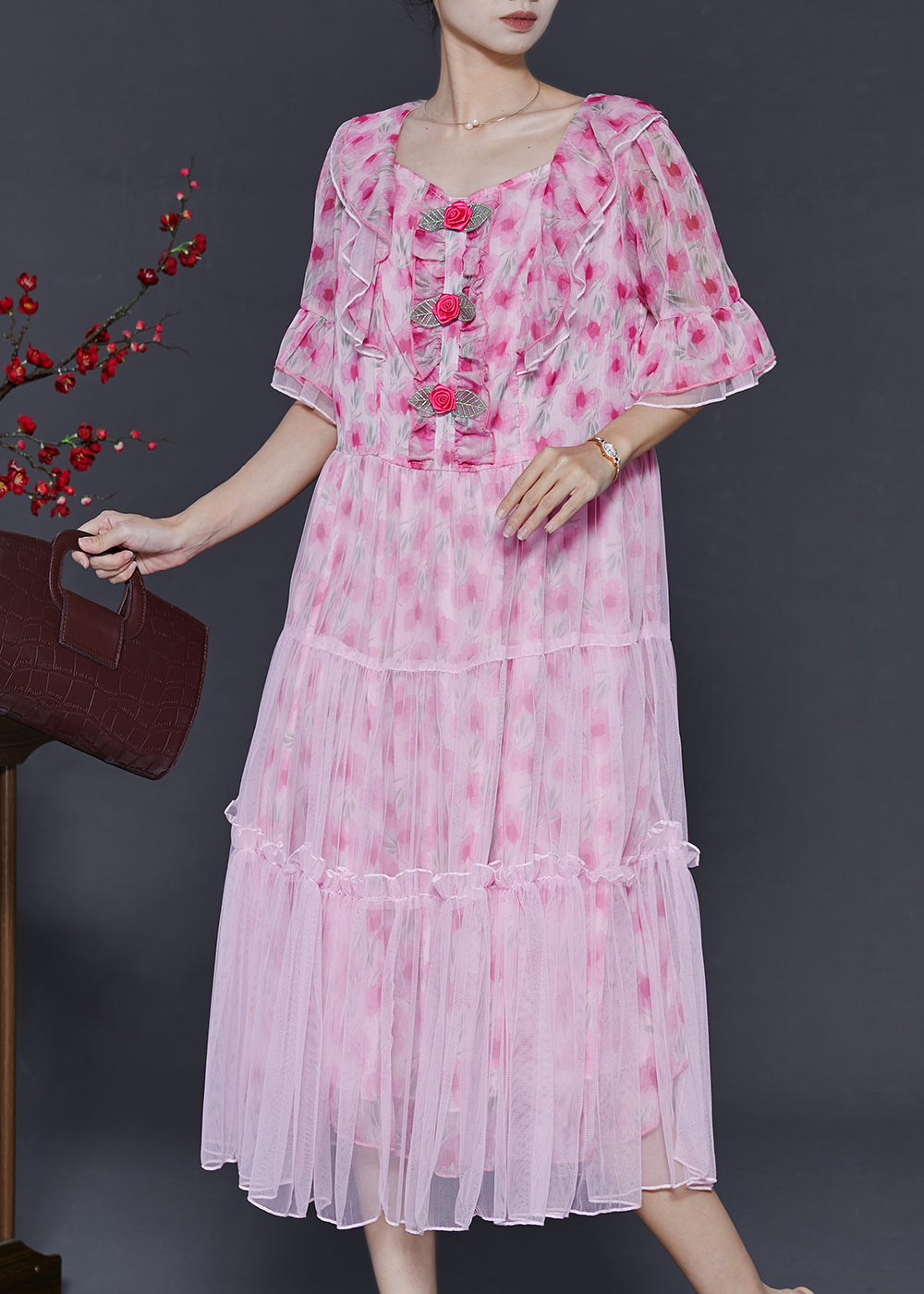 Pink Ruffled Chiffon Dresses Summer