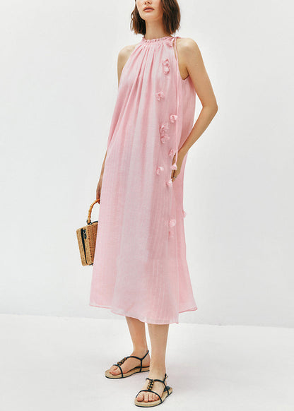 Pink Ruffled Cotton Long Dress Sleeveless