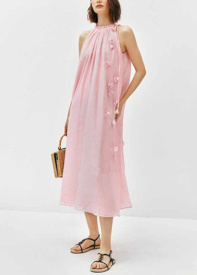 Pink Ruffled Cotton Long Dress Sleeveless