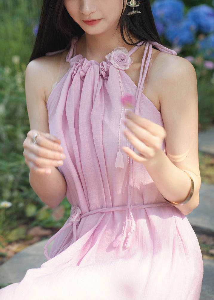 Pink Ruffled Lace Up Cotton Long Dress Sleeveless