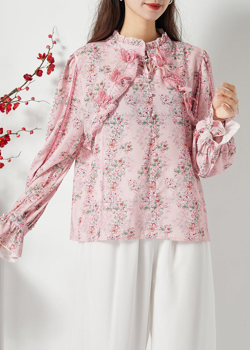 Pink Ruffled Patchwork Butterfly Chiffon Shirt Spring