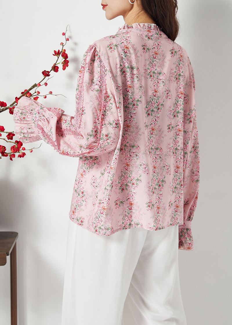 Pink Ruffled Patchwork Butterfly Chiffon Shirt Spring