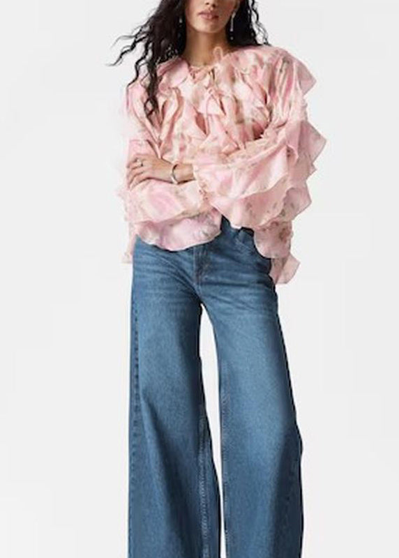 Pink Ruffled Patchwork Chiffon Shirt Tops Fall