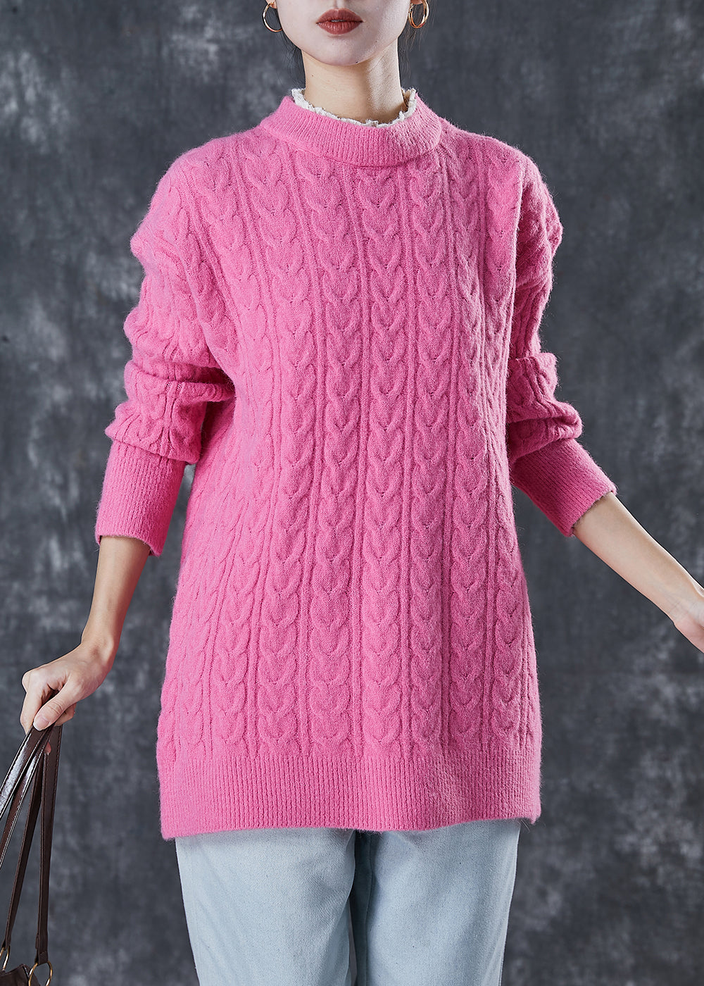 Pink Ruffled Patchwork Thick Knit Pullover Winter