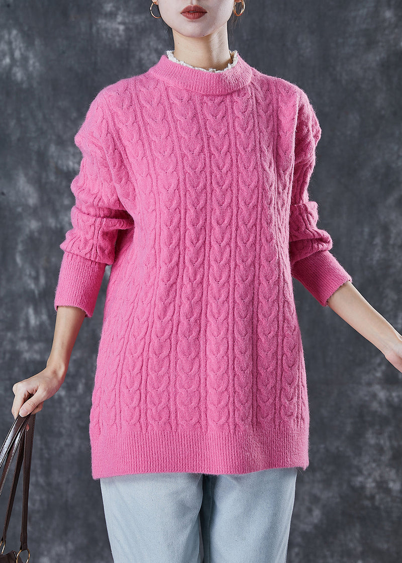 Pink Ruffled Patchwork Thick Knit Pullover Winter