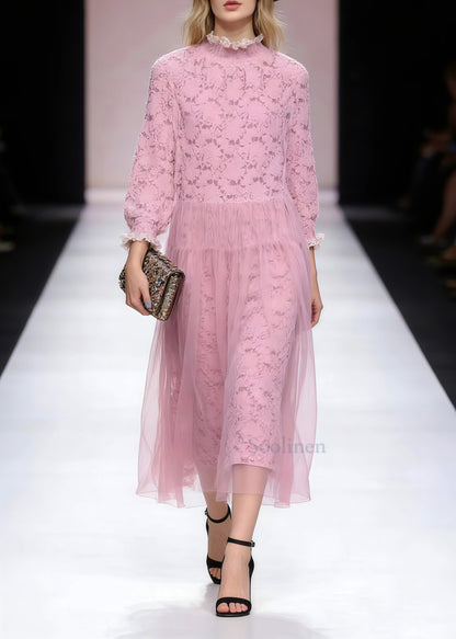 Pink Ruffled Patchwork Tulle Party Dress Spring