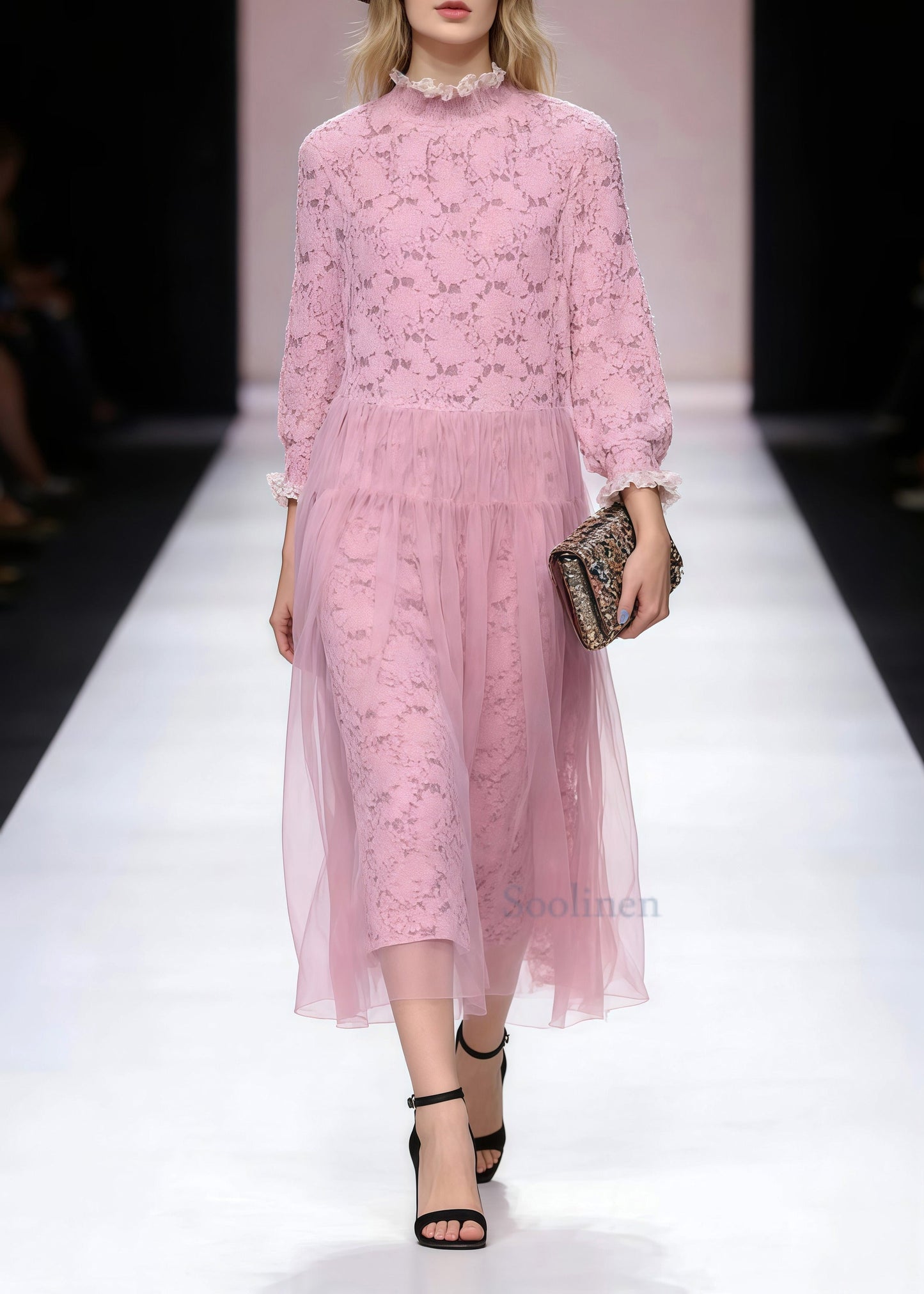 Pink Ruffled Patchwork Tulle Party Dress Spring