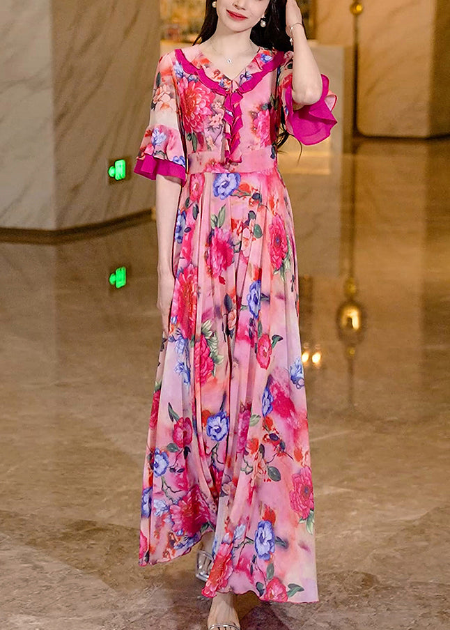 Pink Ruffled Print Chiffon Long Dress Summer