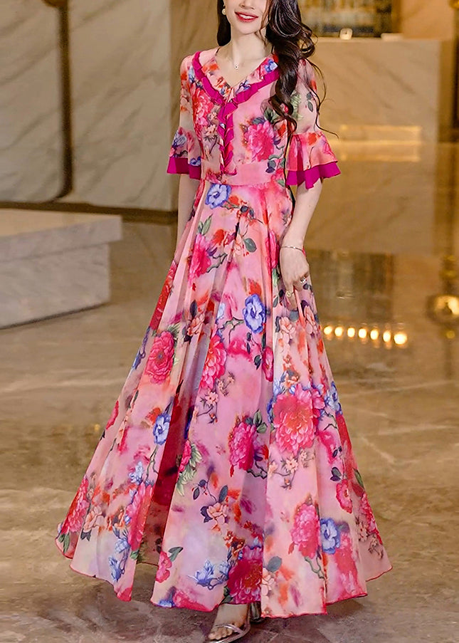 Pink Ruffled Print Chiffon Long Dress Summer