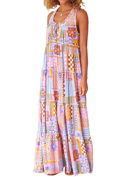 Pink Ruffled Print Cotton Long Dresses Sleeveless