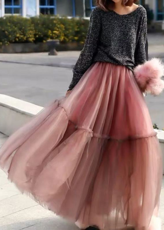 Pink Ruffled Tulle Cinched Circle Fall Skirt