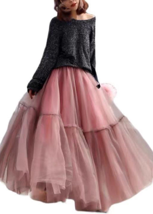 Pink Ruffled Tulle Cinched Circle Fall Skirt