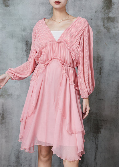 Pink Ruffled Wrinkled Chiffon Mid Dress Spring