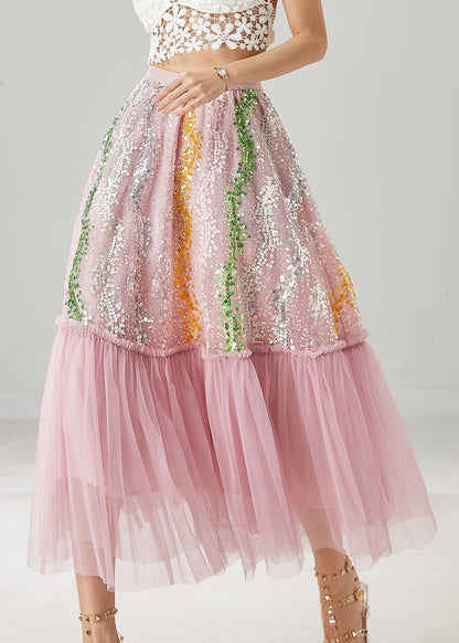 Pink Sequins Patchwork Tulle Skirts Spring