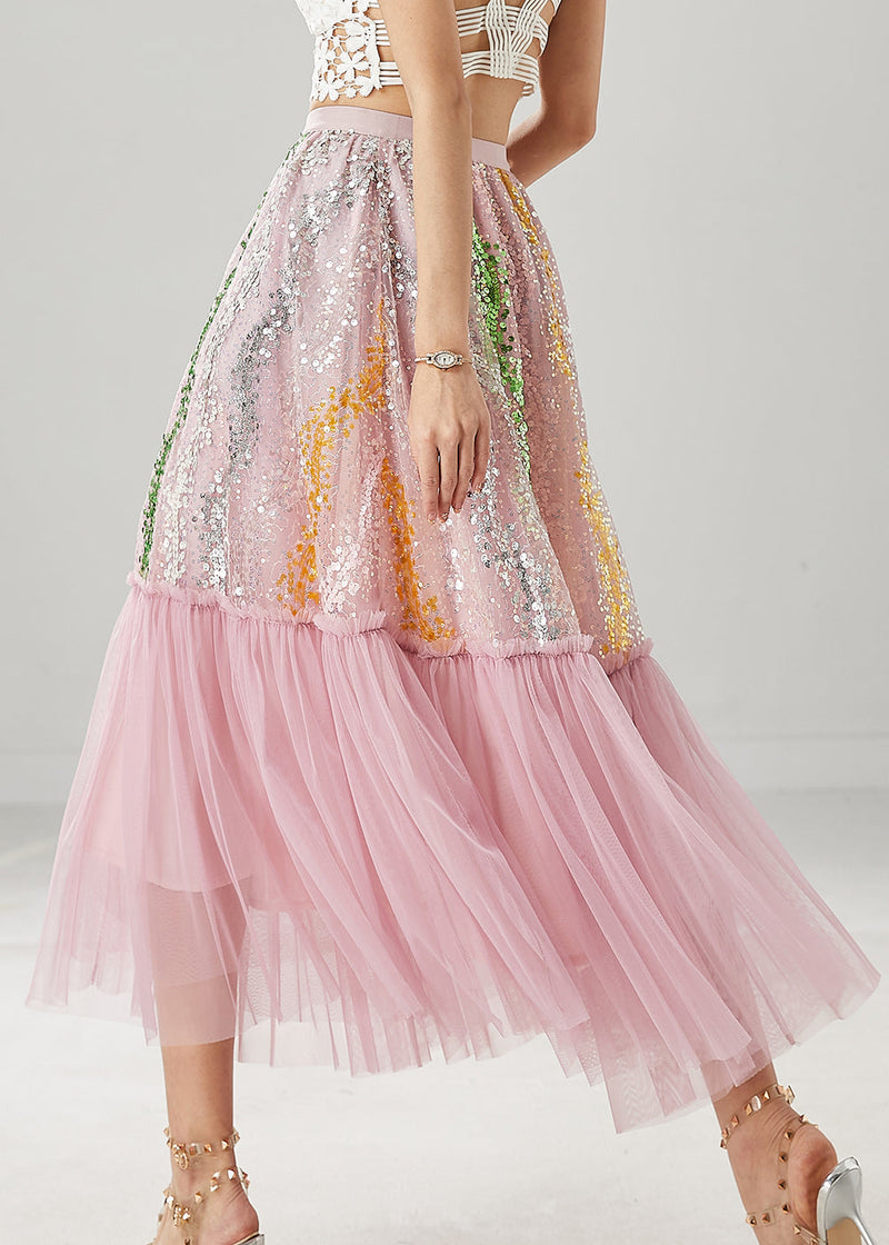 Pink Sequins Patchwork Tulle Skirts Spring