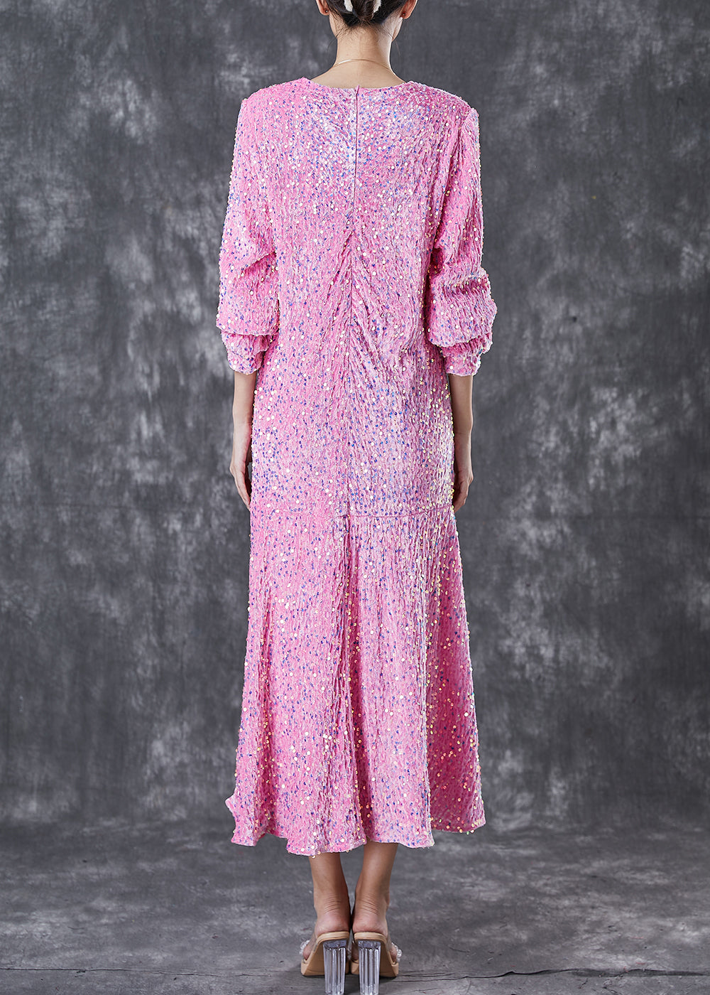 Pink Sequins Wrinkled Silk Velour Dress Vestidos Spring