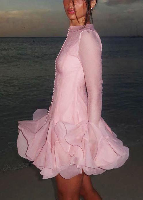Pink Single Breast Mini Dress Flare Sleeve
