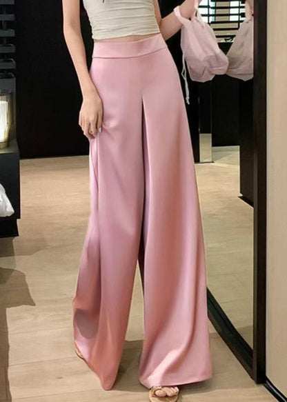 Pink High Waist Silk Wide Leg Pants Summer
