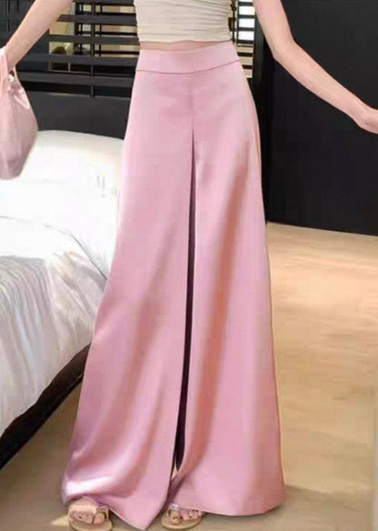 Pink High Waist Silk Wide Leg Pants Summer