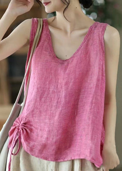 Pink V Neck Lace Up Cotton Tank Sleeveless