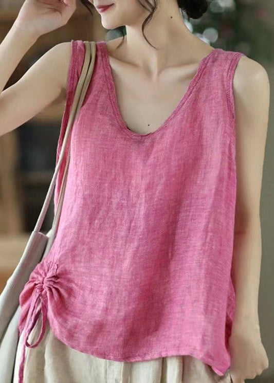 Pink V Neck Lace Up Cotton Tank Sleeveless