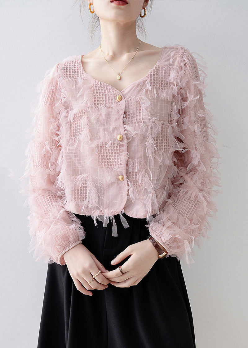 Pink Square Collar Tassel Patchwork Tulle Top Spring