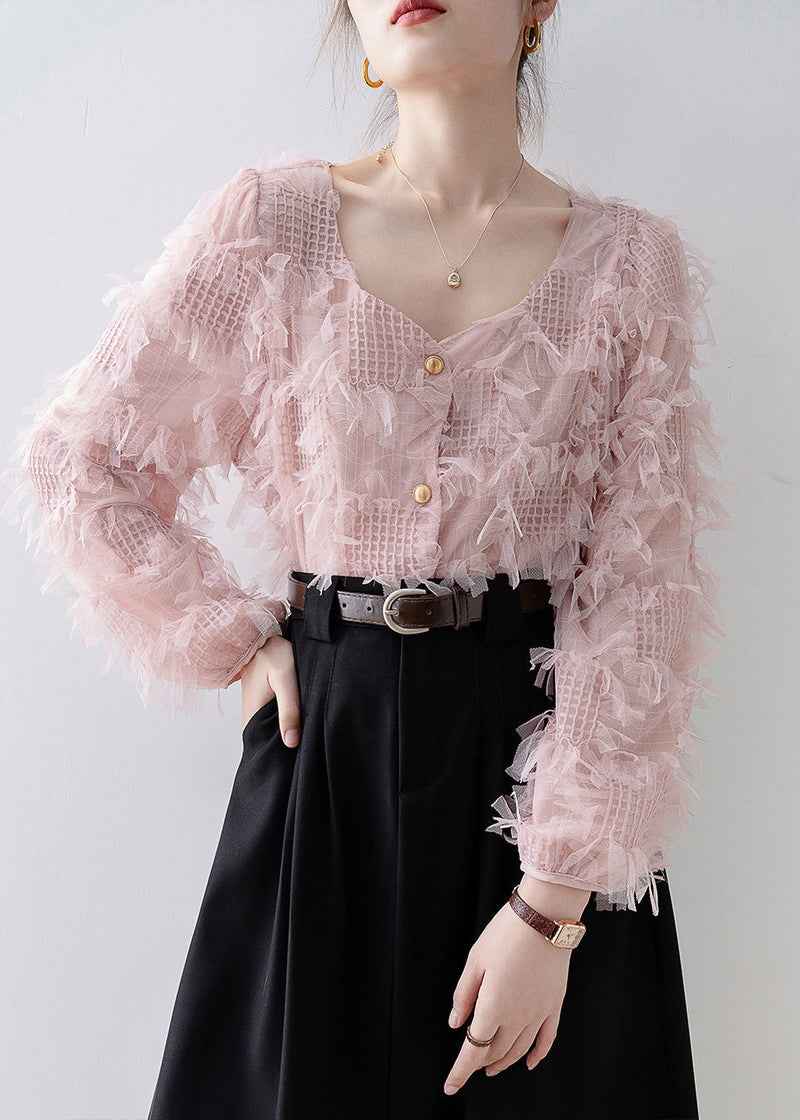 Pink Square Collar Tassel Patchwork Tulle Top Spring