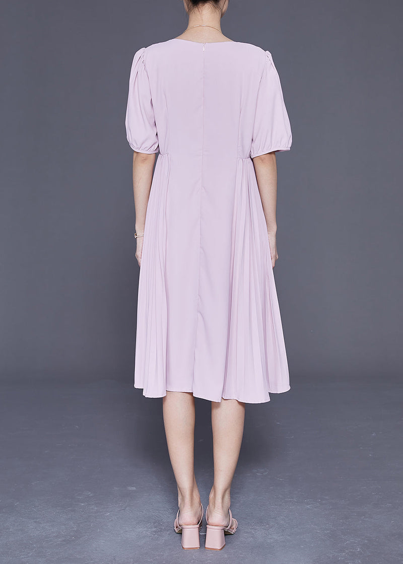 Pink Square Collar Tie Waist Pleated Dresses Summer