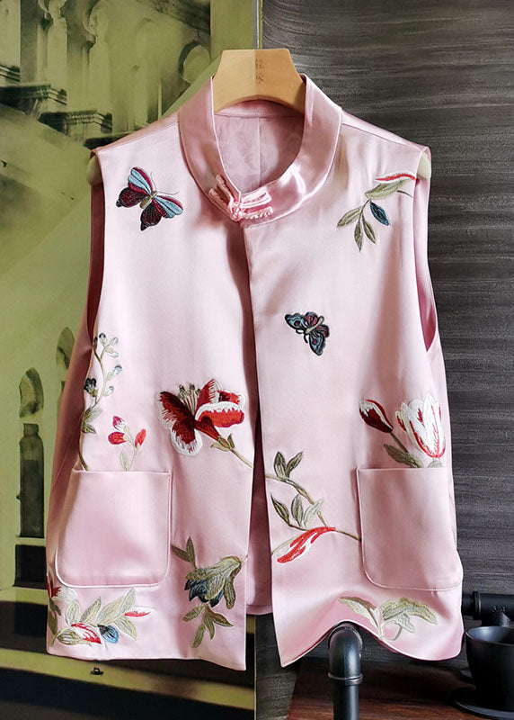 Pink Stand Collar Embroideried Patchwork Silk Vest Sleeveless