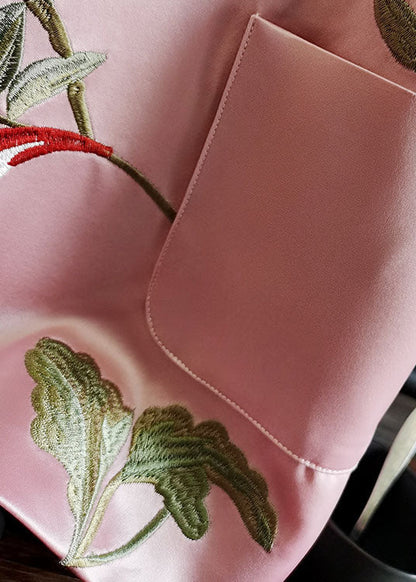 Pink Stand Collar Embroideried Patchwork Silk Vest Sleeveless