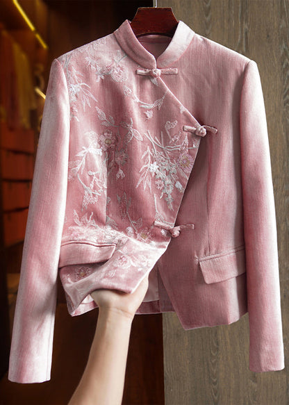 Pink Stand Collar Embroideried Sequins Patchwork Cotton Coat Fall