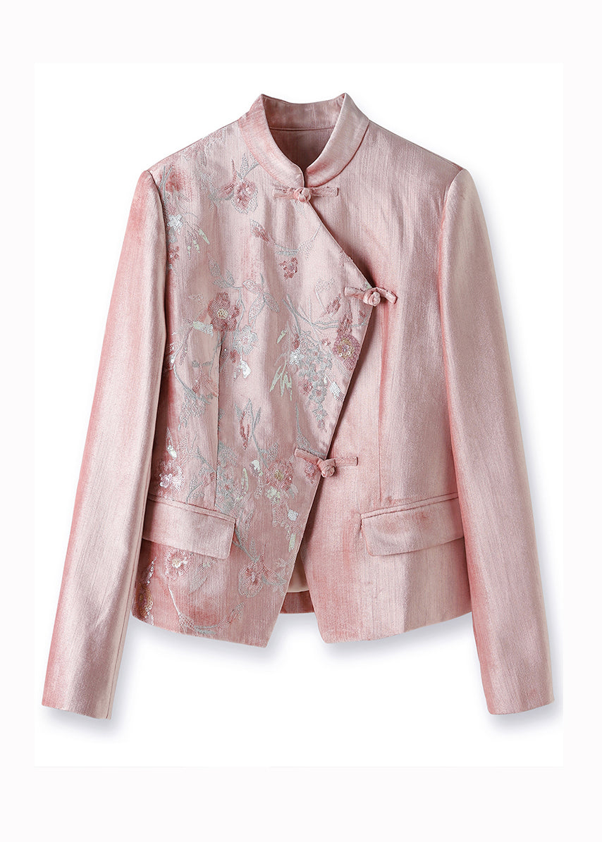 Pink Stand Collar Embroideried Sequins Patchwork Cotton Coat Fall