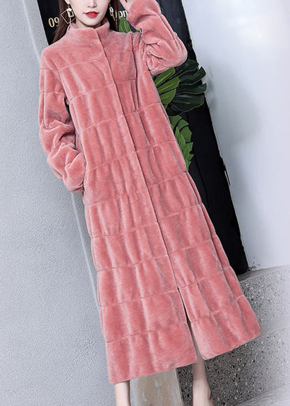 Pink Stand Collar Layered Wool Long Coat Winter