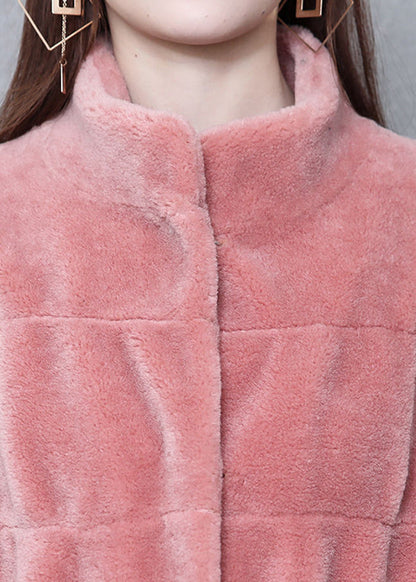 Pink Stand Collar Layered Wool Long Coat Winter