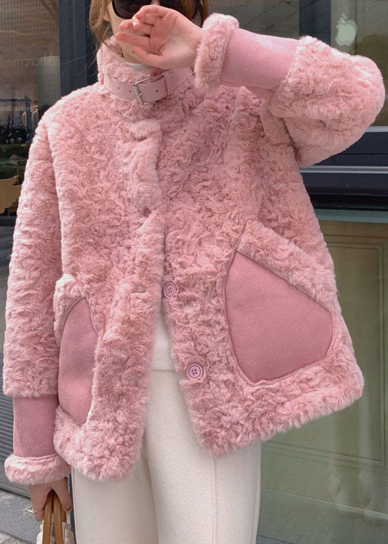 Pink Stand Collar Pockets Faux Fur Winter Coats