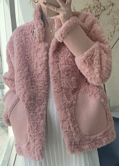 Pink Stand Collar Pockets Faux Fur Winter Coats