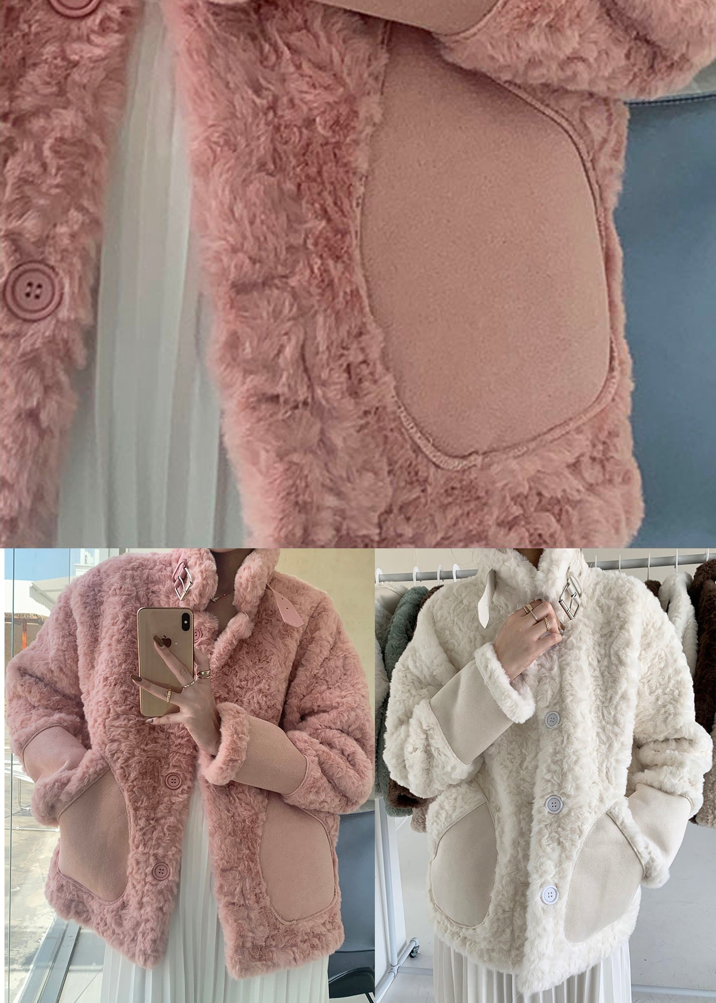 Pink Stand Collar Pockets Faux Fur Winter Coats