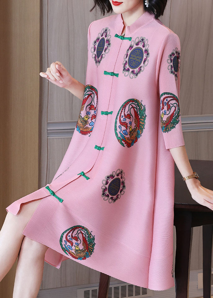Pink Stand Collar Print Chiffon a Line Dress Half Sleeve