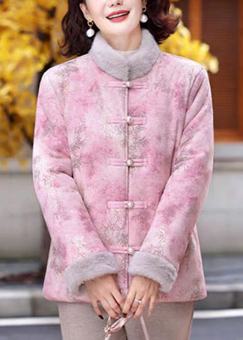 Pink Stand Collar Print Patchwork Warm Fleece Parkas Winter