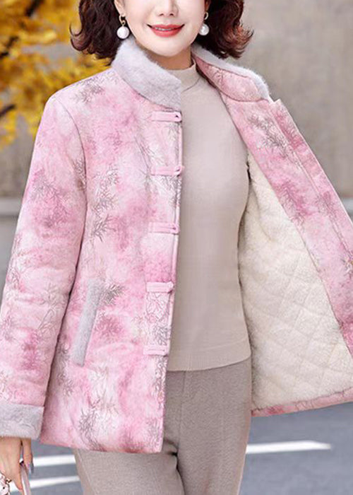 Pink Stand Collar Print Patchwork Warm Fleece Parkas Winter