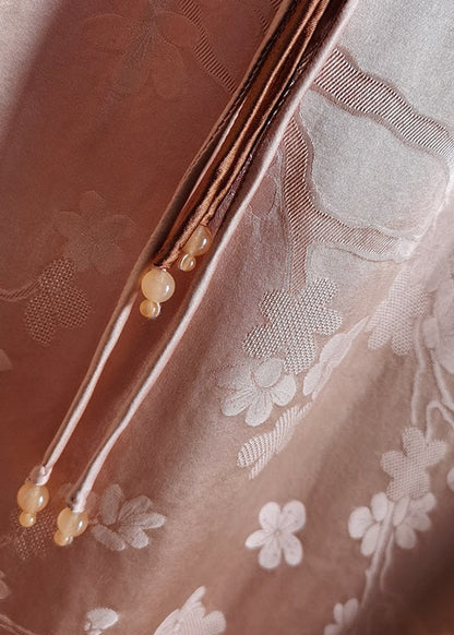 Pink Stand Collar Tasseled Patchwork Jacquard Silk Mid Dress Summer