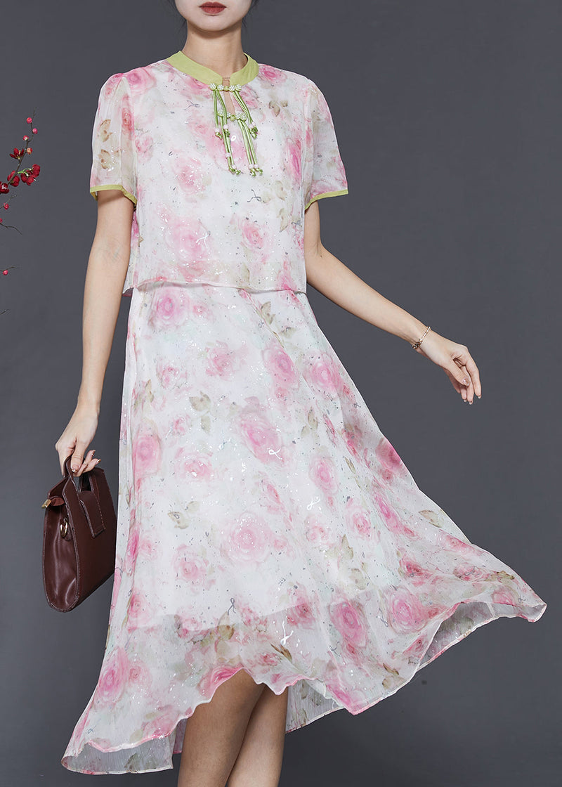 Pink Tasseled Patchwork Print Silk Dress Summer